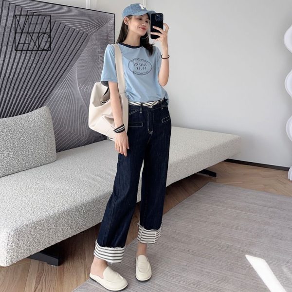 ⁦Striped Wide-leg Jeans For Women, Cuffed, High-end Design, Loose High-waist Straight⁩ - الصورة ⁦3⁩