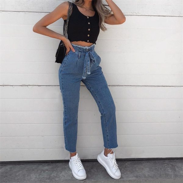 ⁦vintage tassels high waist jeans with gu charge women summer autumn⁩ - الصورة ⁦2⁩