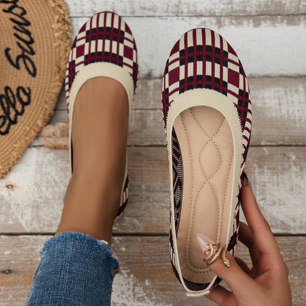 ⁦Fashion Plaid Print Flats Shoes New Fashion Casual Breathable Slip On Round-toe Mesh Shoes For Women⁩ - الصورة ⁦4⁩