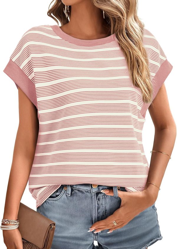 ⁦Women's Striped Short Sleeve T-Shirts Casual Loose Fit Color Block Crew Neck Summer Tops⁩ - الصورة ⁦8⁩
