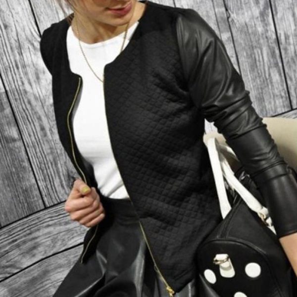 ⁦Female Outwear PU Leather Patchwork Spring Autumn Plaid Women Thin Coats Short Jackets Casual Slim Blazers Suit Cardigans⁩ - الصورة ⁦3⁩