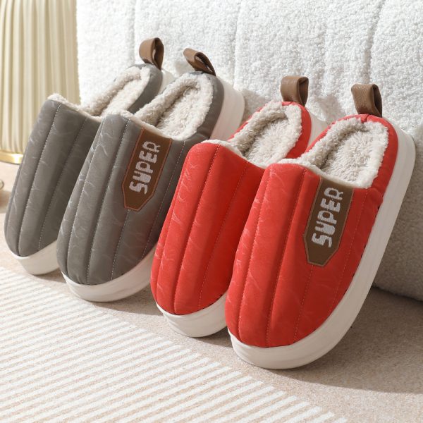 ⁦Striped Home Slippers Waterproof Thick-soled Non-slip Indoor Warm Plush Slippers Women Floor House Shoes Men Couple Autumn And Winter⁩ - الصورة ⁦4⁩