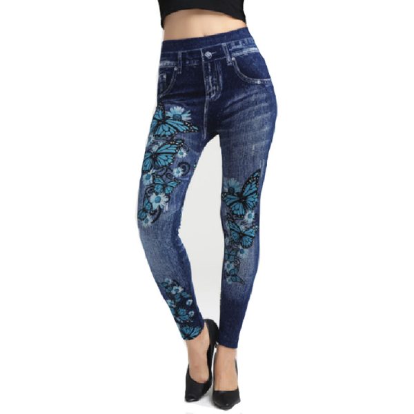 ⁦Women's Butterfly Print Imitation Denim Leggings⁩ - الصورة ⁦4⁩