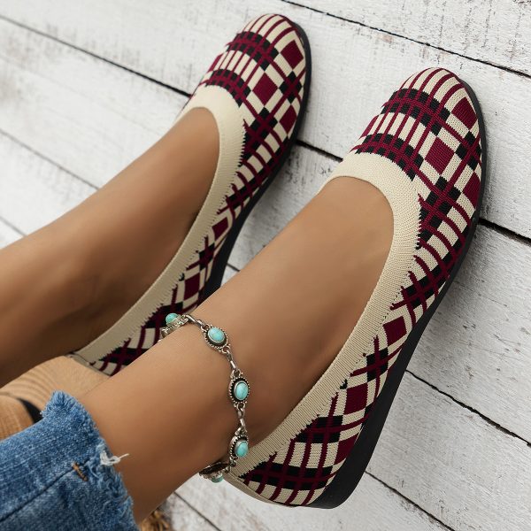 ⁦Fashion Plaid Print Flats Shoes New Fashion Casual Breathable Slip On Round-toe Mesh Shoes For Women⁩ - الصورة ⁦2⁩