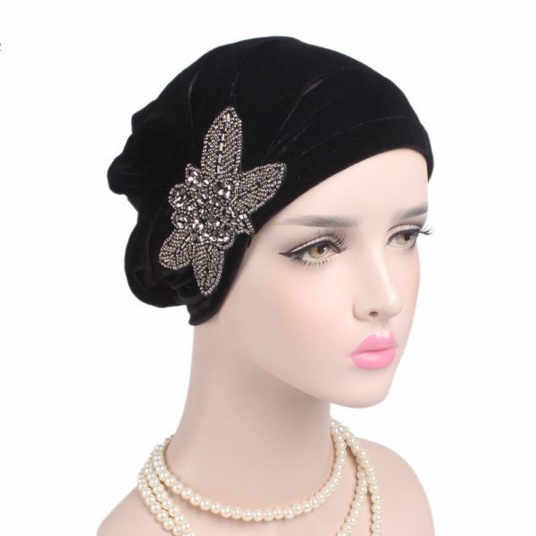 ⁦Beaded Flower Accessories Turban Hat Velvet Pleated Hood⁩ - الصورة ⁦2⁩