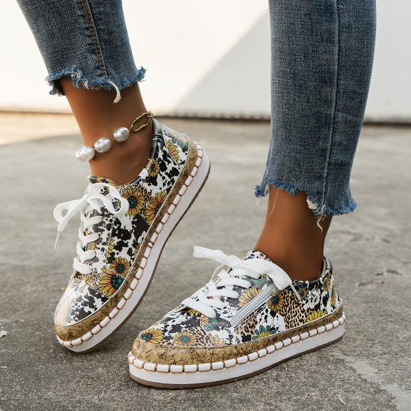 ⁦Color Matching Printing Lace-up Flats Retro Fashion⁩ - الصورة ⁦2⁩