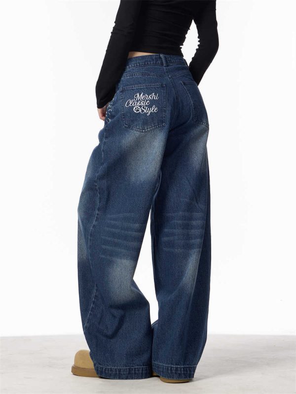 ⁦Vintage Floral Embroidered Straight Jeans Women Loose Casual Wide-leg Trousers⁩ - الصورة ⁦6⁩