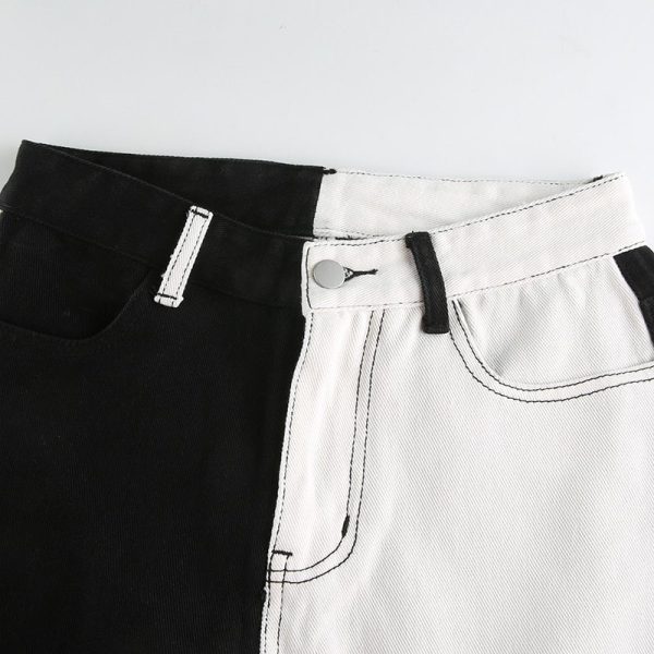 ⁦Black And White Patchwork Jeans For Women High Waisted⁩ - الصورة ⁦4⁩