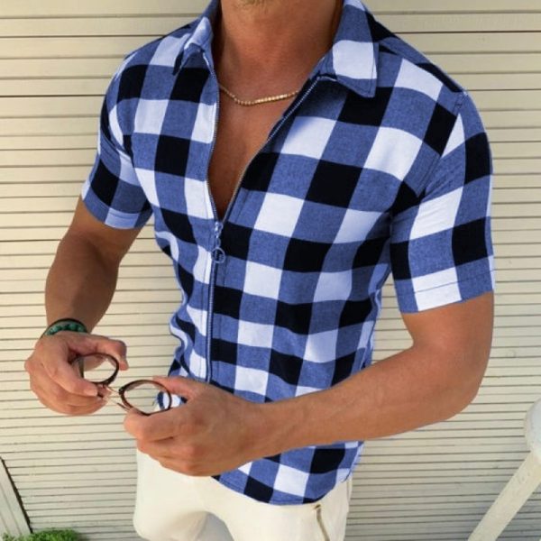 ⁦Plaid T Shirt Mens Zipper Short Sleeve Shirts Summer Men Clothing⁩ - الصورة ⁦4⁩