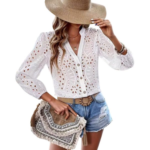 ⁦Women's Top Button White Fashion⁩ - الصورة ⁦2⁩