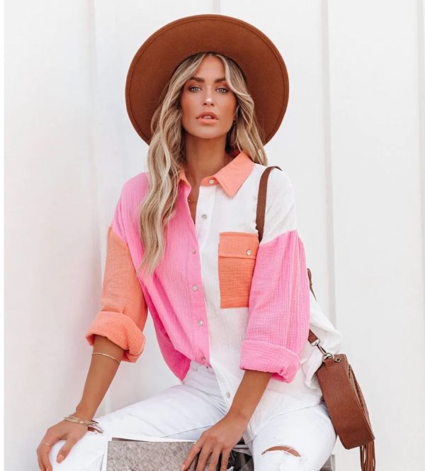 ⁦Fashion Multicolor Patchwork Long Sleeve Cardigan Women's Shirts⁩ - الصورة ⁦3⁩