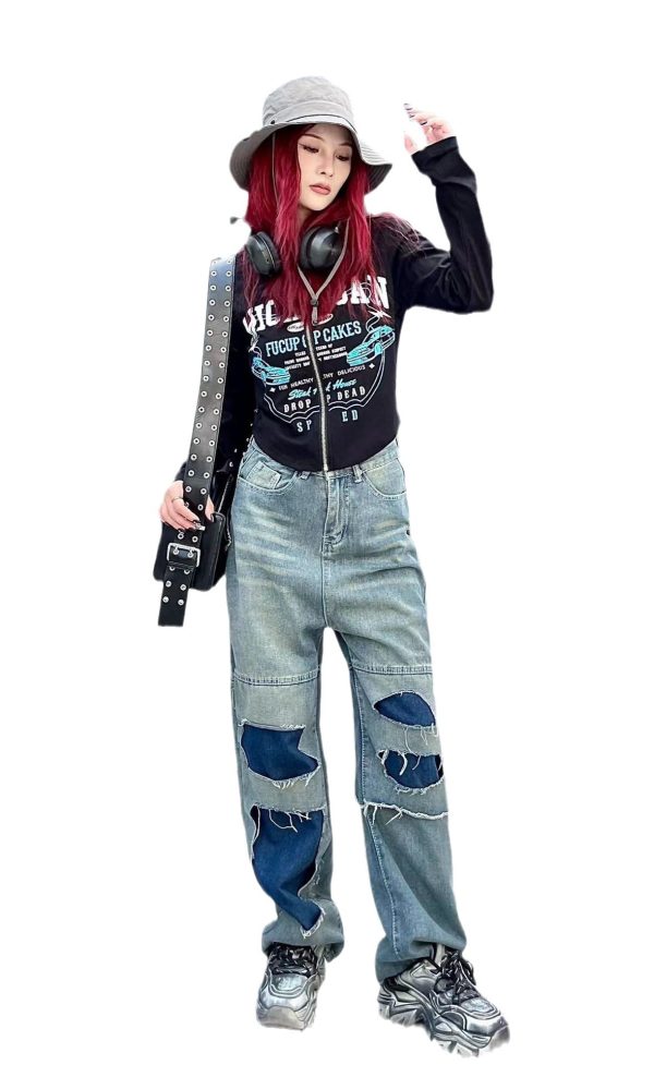 ⁦Women's Straight Pants Ripped Slimming Stitching Jeans⁩ - الصورة ⁦5⁩
