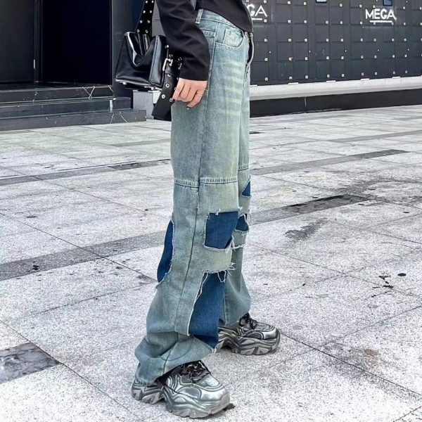 ⁦Women's Straight Pants Ripped Slimming Stitching Jeans⁩ - الصورة ⁦4⁩