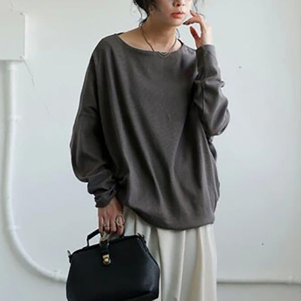 ⁦Autumn Women's Long-sleeved T-shirt Solid Color Loose Top⁩ - الصورة ⁦3⁩