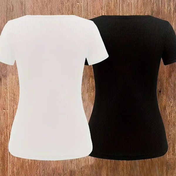 ⁦2 Pack Women's Zipper V Neck Short Sleeve Tunic Tops Loose Fit Summer T Shirts Blouse⁩ - الصورة ⁦4⁩