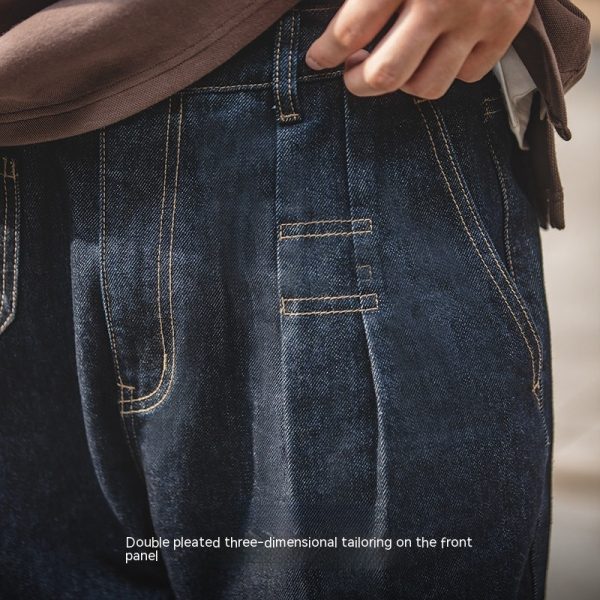 ⁦Vintage Denim Washed Elastic Waist Loose Jeans Cityboy Wide Leg Tapered Pants Men⁩ - الصورة ⁦3⁩
