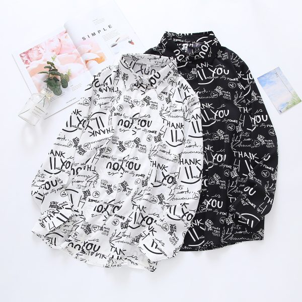 ⁦Vintage Hong Kong Style Chic Letter Print Shirt Top⁩ - الصورة ⁦6⁩