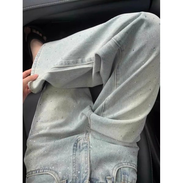 ⁦Straight Jeans For Women, Designer Rhinestones, High Waist, Loose And Slim, Drapey, Narrow Version Wide-leg Pants⁩ - الصورة ⁦3⁩
