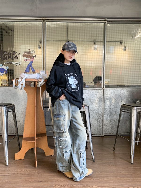 ⁦Street Work Design Jeans Pocket Stitching Wide-leg Pants Women⁩ - الصورة ⁦4⁩