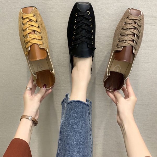 ⁦One-legged Peas Shoes Square Toe All-match Shallow Mouth Flat Single Shoes Women⁩ - الصورة ⁦3⁩