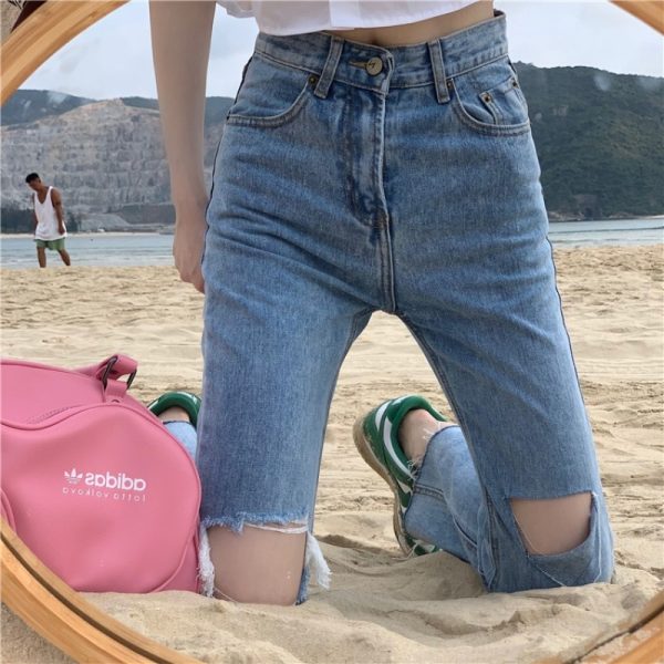 ⁦Summer Slim And Ripped Cropped Straight-leg Jeans For Women⁩ - الصورة ⁦4⁩