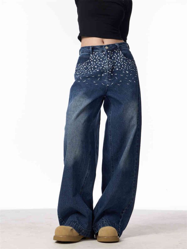 ⁦Vintage Floral Embroidered Straight Jeans Women Loose Casual Wide-leg Trousers⁩ - الصورة ⁦5⁩
