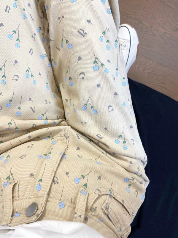⁦Apricot Floral Jeans Women Loose Wide-leg Straight Trousers⁩ - الصورة ⁦3⁩