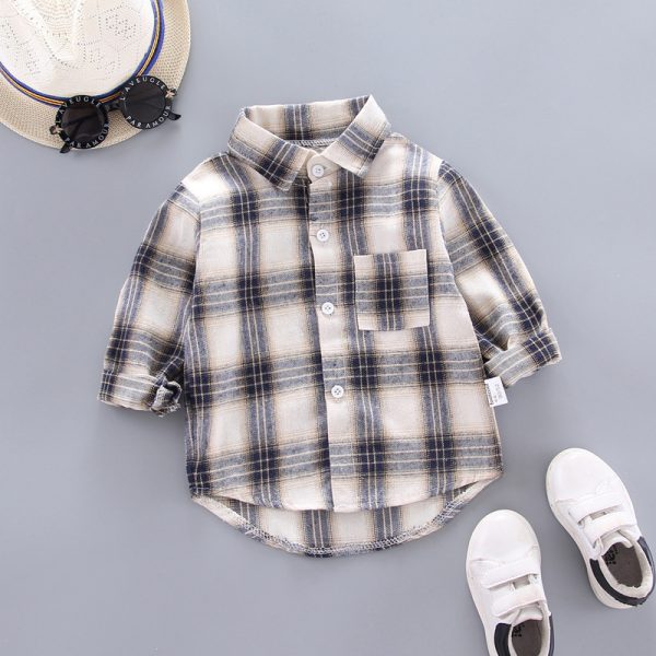 ⁦Boys And Girls Plaid Shirts Korean Style Loose Lapel Long Sleeves⁩ - الصورة ⁦2⁩
