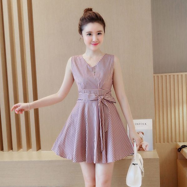 ⁦Women V-neck Tank Top Skirt Striped Dress⁩ - الصورة ⁦2⁩