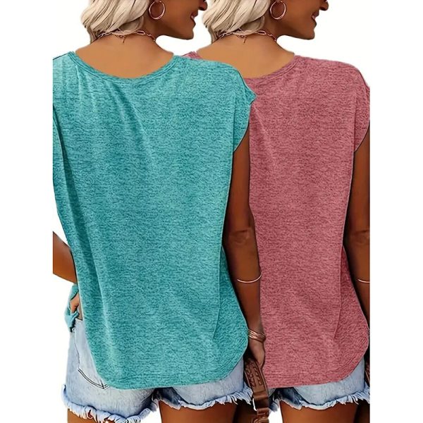 ⁦2-Pack Women's V-Neck T-Shirts Floral & Heart Print, Soft Breathable Summer Tops, Casual Streetwear⁩ - الصورة ⁦2⁩