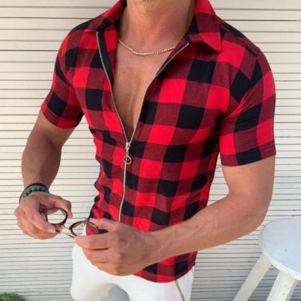⁦Plaid T Shirt Mens Zipper Short Sleeve Shirts Summer Men Clothing⁩ - الصورة ⁦2⁩