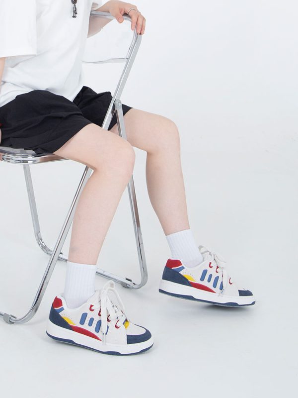 ⁦Suede White Blue Reddish Yellow Color Contrast Patchwork BAKE Men And Women Skateboard Shoes⁩ - الصورة ⁦5⁩