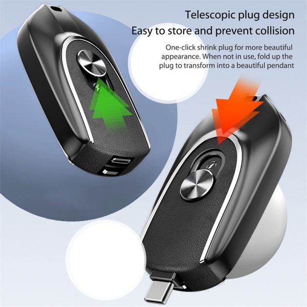 ⁦2 In 1 Mini Keychain Power Bank Keyring Hanging Buckle 2 Output Interfaces 5V 1200MAH Backup Power Bank Retractable Plug Waterproof Phone Charging Accessories⁩ - الصورة ⁦5⁩