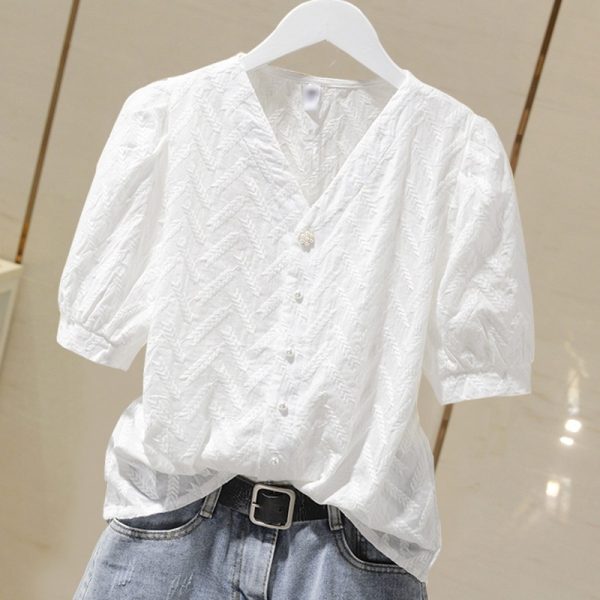 ⁦Cotton Embroidered Puff Sleeve Shirt Tops Women White Ladies Shirts⁩ - الصورة ⁦5⁩