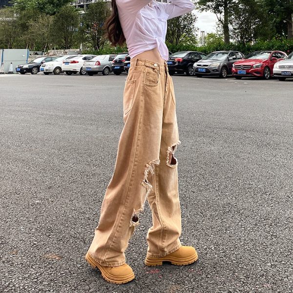 ⁦Vintage Washed Worn Khaki Ripped Jeans Women⁩ - الصورة ⁦4⁩