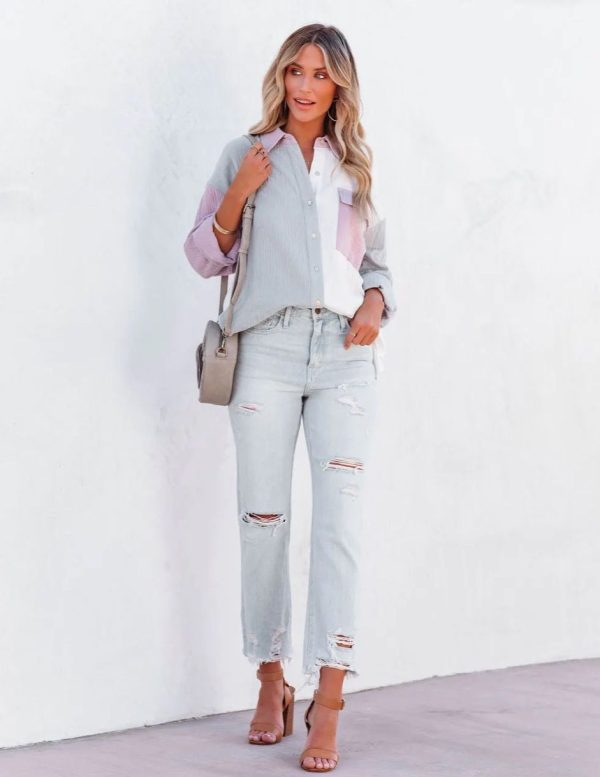 ⁦Fashion Multicolor Patchwork Long Sleeve Cardigan Women's Shirts⁩ - الصورة ⁦2⁩