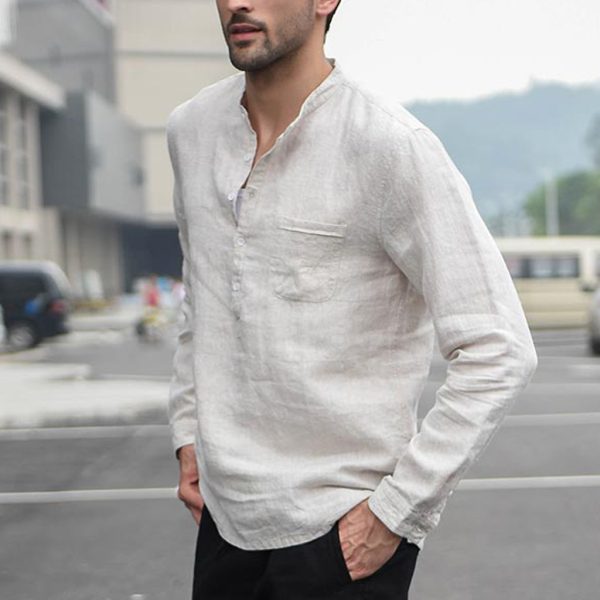 ⁦Men Vintage White Shirt Button Linen Shirts⁩ - الصورة ⁦5⁩