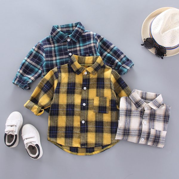 ⁦Boys And Girls Plaid Shirts Korean Style Loose Lapel Long Sleeves⁩ - الصورة ⁦4⁩