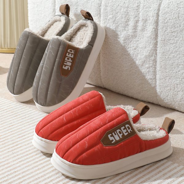 ⁦Striped Home Slippers Waterproof Thick-soled Non-slip Indoor Warm Plush Slippers Women Floor House Shoes Men Couple Autumn And Winter⁩ - الصورة ⁦5⁩