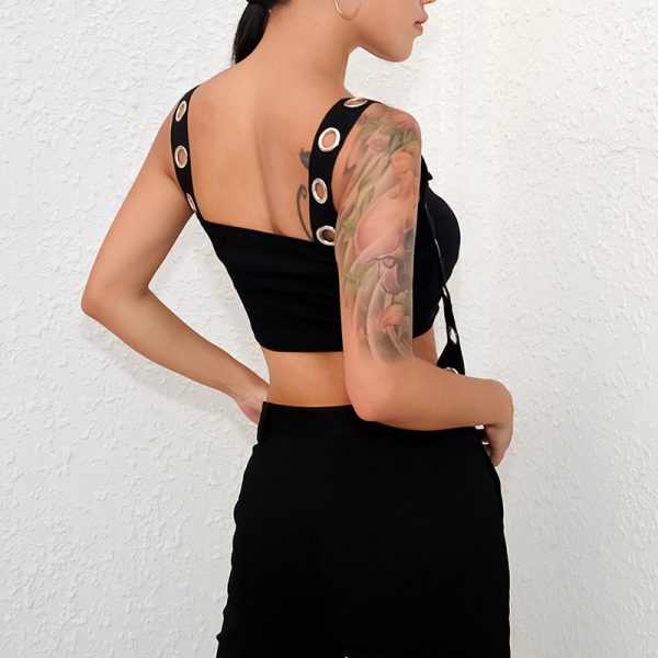 ⁦Black Tank Top Women Sleeveless Cropped Tops Tees Shirt Hollow Out Sexy Bustier Top Streetwear Summer⁩ - الصورة ⁦6⁩