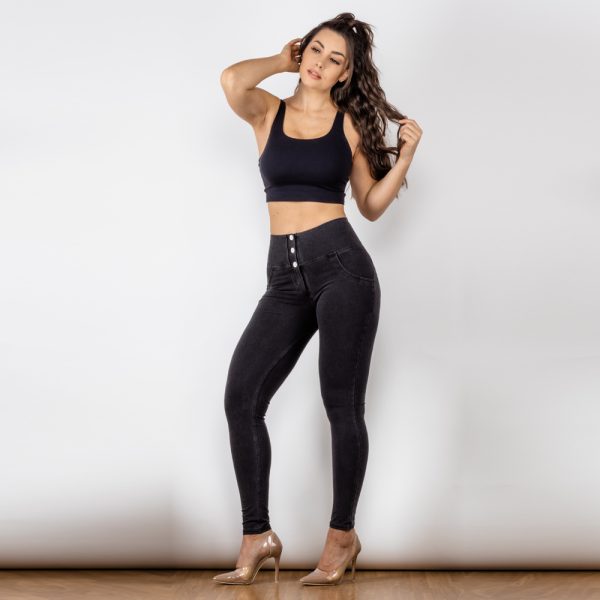 ⁦Black Women Button Up Hip Raise High Waist Jeans⁩ - الصورة ⁦5⁩