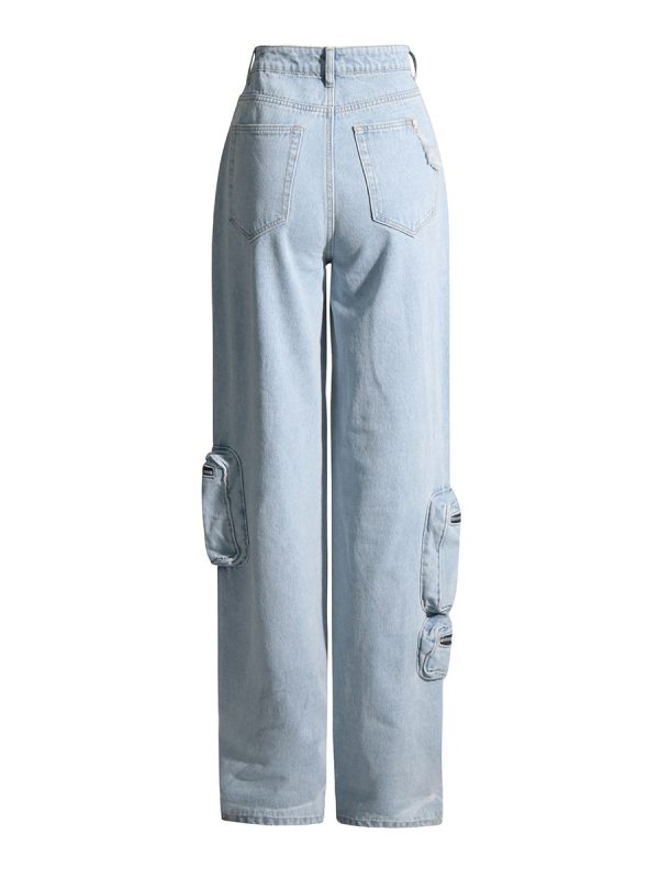 ⁦Vintage Light Blue Washed High-waisted Tooling Jeans For Women⁩ - الصورة ⁦2⁩