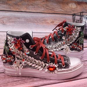 Beaded Three-dimensional Flower Color Matching Western Style High-top Canvas Women's Shoes