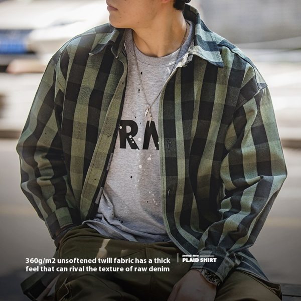 ⁦American Retro Plaid Loose Shirt Coat Men⁩ - الصورة ⁦3⁩