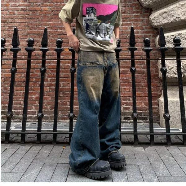 ⁦Contrast Color Retro Jeans For Men And Women⁩ - الصورة ⁦2⁩