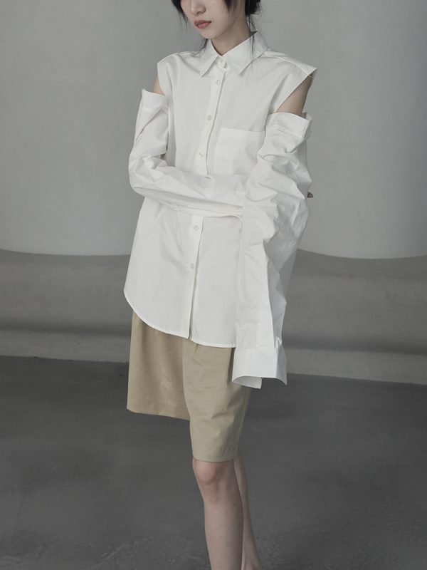 ⁦Autumn New Design Sense Off-shoulder Frayed Lapel White Shirt⁩ - الصورة ⁦5⁩