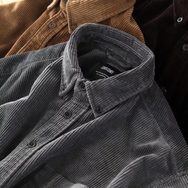 ⁦Vintage Corduroy Shirt Men Loose Cargo Shirt Coat⁩ - الصورة ⁦6⁩
