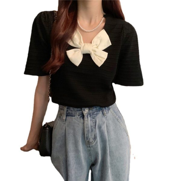 ⁦Sweet Turtleneck Round Neck Pearl Accessories Short Sleeve Sweater Bowknot Top Women⁩ - الصورة ⁦5⁩