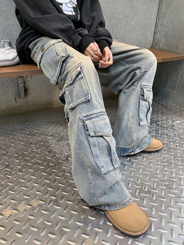 ⁦Street Work Design Jeans Pocket Stitching Wide-leg Pants Women⁩ - الصورة ⁦3⁩