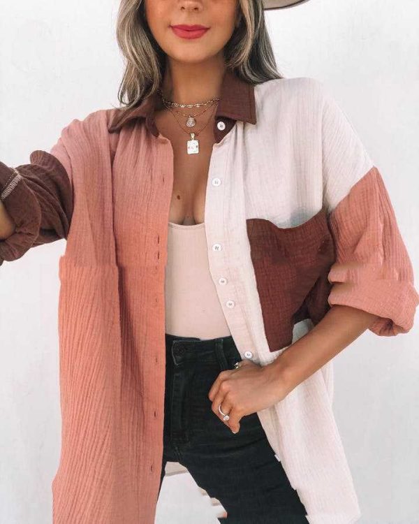 ⁦Fashion Multicolor Patchwork Long Sleeve Cardigan Women's Shirts⁩ - الصورة ⁦9⁩